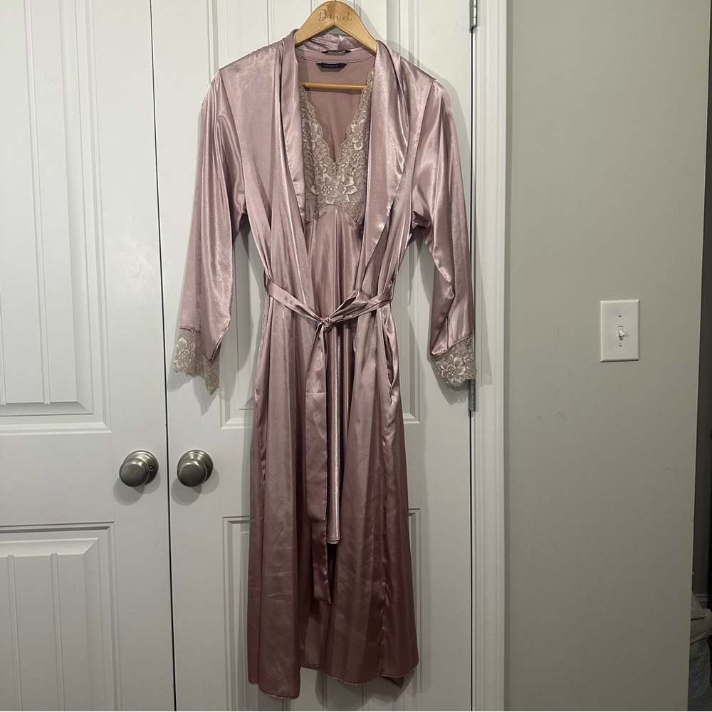 ASOS Dusty Rose Satin Lace-Trim Long Robe With Matching Gown